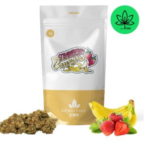 Descubre la Strawberry Banana CBD, también conocida como Strawnana, una flor premium cultivada en invernadero (greenhouse) con un contenido de CBD del 18,23% y menos de 0,3% de THC.